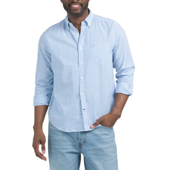NAUTICA Blue Long Sleeve Striped Seersucker Button Down Shirt - Picture 1 of 2